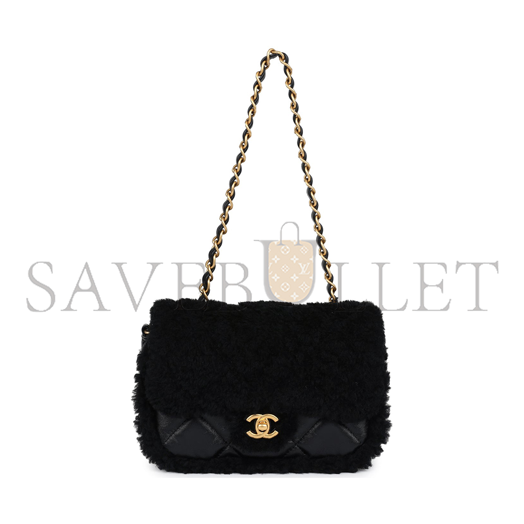 Ch*el mini shearling flap bag black lambskin brushed gold hardware as5148 (18*12*6cm)